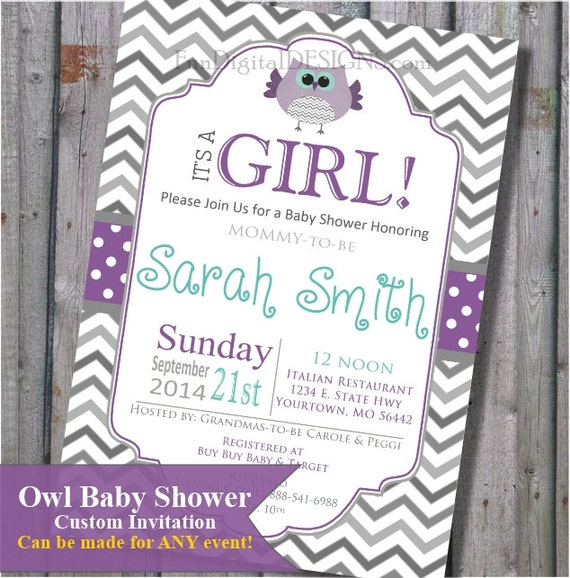 Owl Baby Shower Invitation in Purple and teal It's a Girl