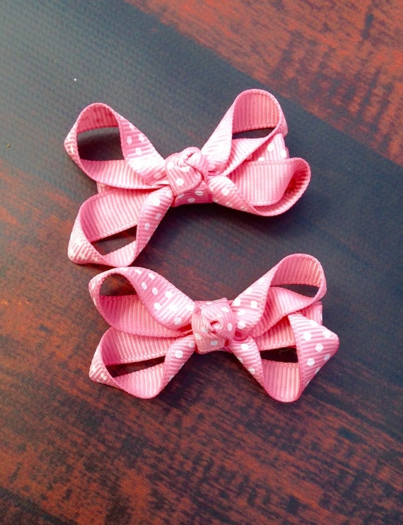 Pink polka dot Mini hair bow set, baby bows, hair bows, girls hair bows, hair clips, toddler hair bows, hair clip set, ribbon bows, hair bow