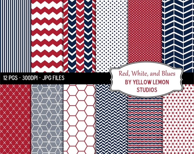 Red white blue digital paper "BLUES PATTERNS" red white blue, digital paper, patriotic, nautical, stripes, patterned, fourth July, America