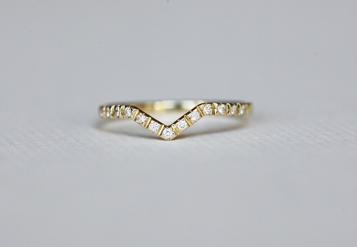 Pave Diamond Ring V Shaped Wedding Band Stacking by capucinne