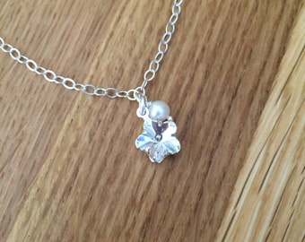 Swarovski Flowergirl necklace, Sterling Silver, Swarovski crystal flower and Freshwater pearl bridesmaid necklace, childs flower girl gift