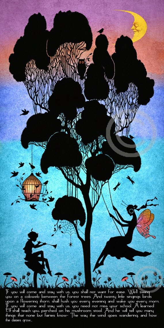 whimsical-fairy-silhouette-print-fairy-swinging-in-tree-elf