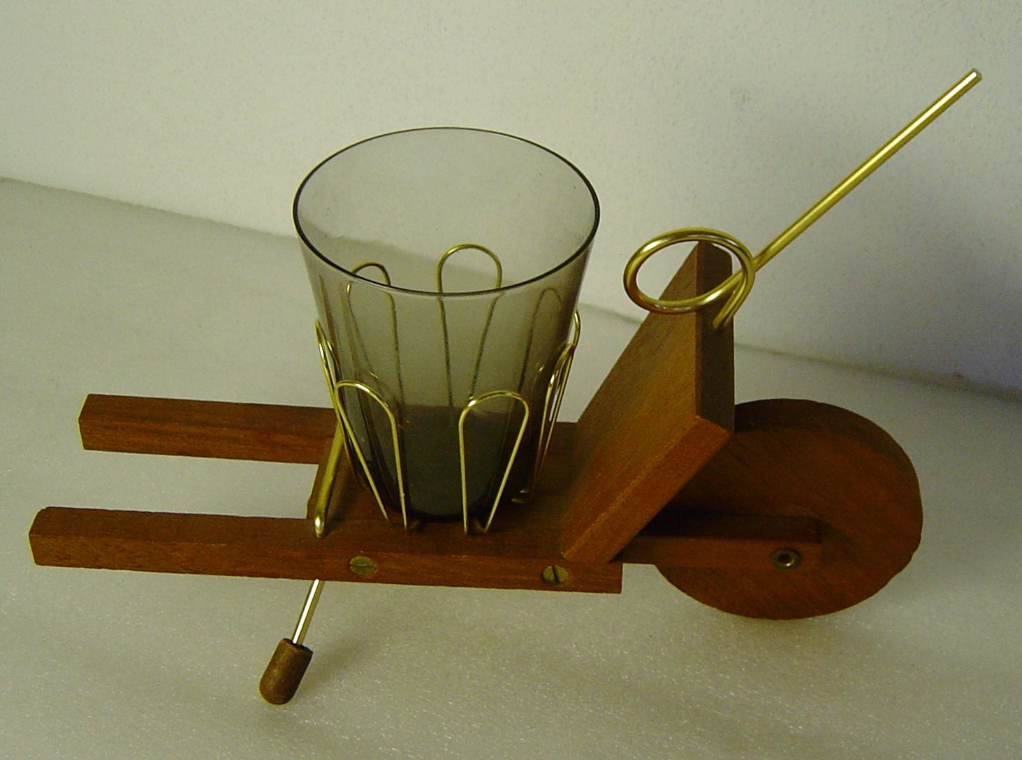 Danish Modern Teak and grey glass wheelbarrow holder for