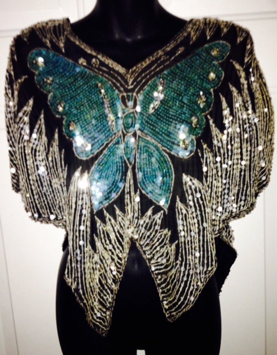 Ice Blue and Silver Sequin BUTTERFLY top on black silk VINTAGE 1970's ...
