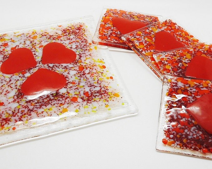 Red glass heart coasters. Handcrafted fused glass tiles. Gifts for the home. Housewarming wedding anniversary, birthday, leaving gifts.