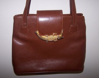 Vintage Brown Faux Leather Purse with Gold Alligator Clasp REDUCED was 29.99