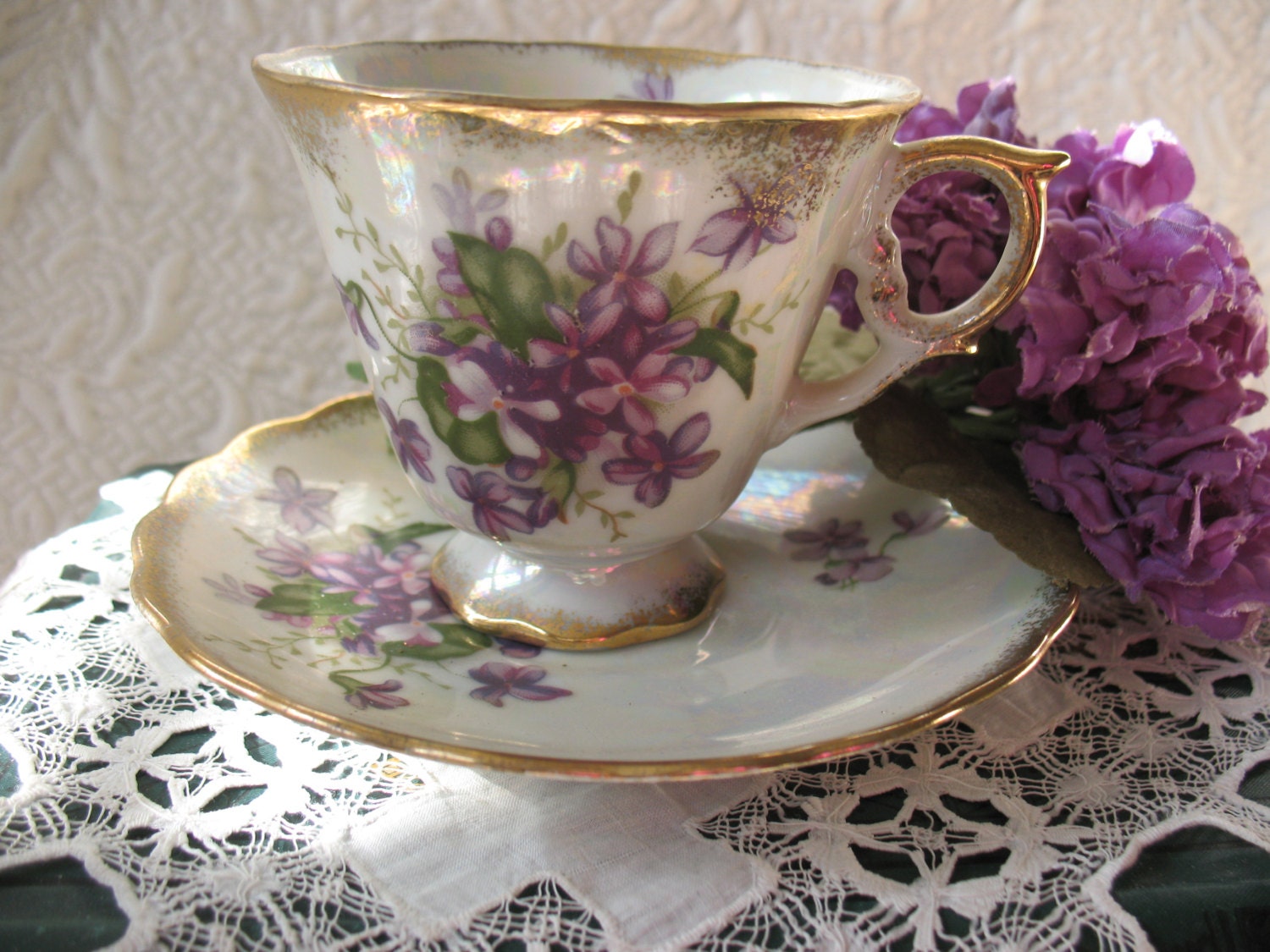 Vintage Footed Tea Cup & Saucer Made in Japan Violets w/Gold