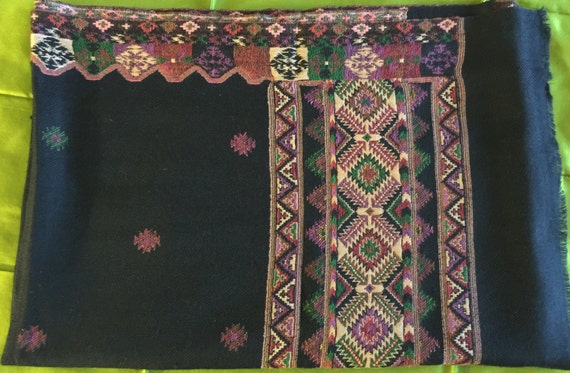 Pure sheep Merino Wool scarf, stole, shawl in black with woven border and small geometric weave all over