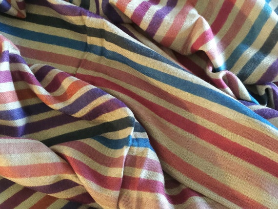 Semi Pashmina Cashmere Wool scarf stole shawl wrap. A double-sided sided beige color with multi-colored striped weave
