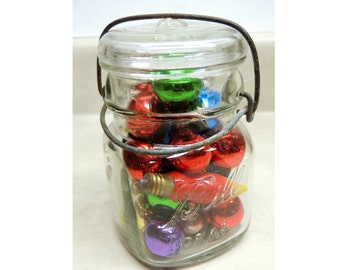 Vintage Ball Ideal Latch Lid Canning Jar with vintage glass Christmas ornaments, Country Decor, Cottage Chic, Rustic living
