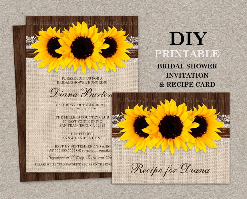 Rustic Country Sunflower Bridal Shower Invitation With Recipe