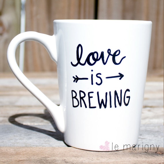 Love Is Brewing Hand Painted Coffee Mug Wedding Gift by LeMarigny