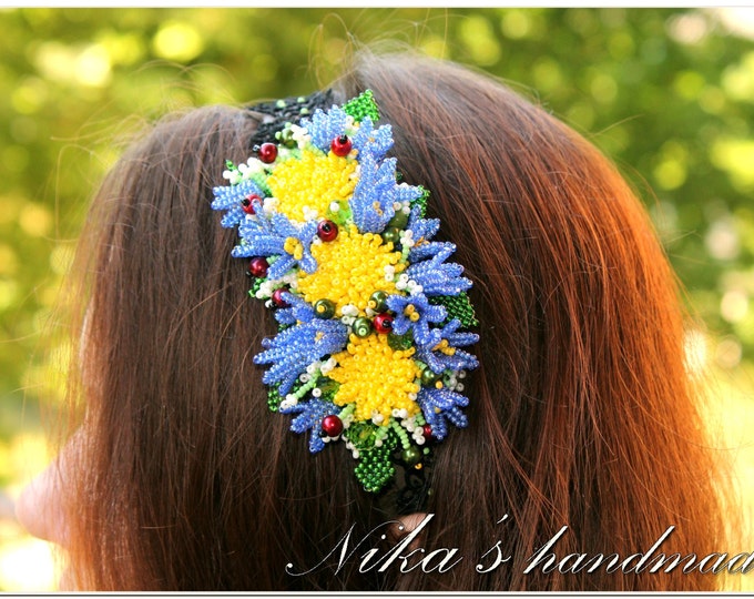 Grecian Flower Headband with Dandelions and field bellflowers Campanulas made of czech beads in Ukrainian ethnic style
