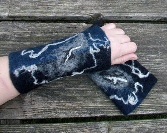 Hand knitted and felted fingerless gloves for women.