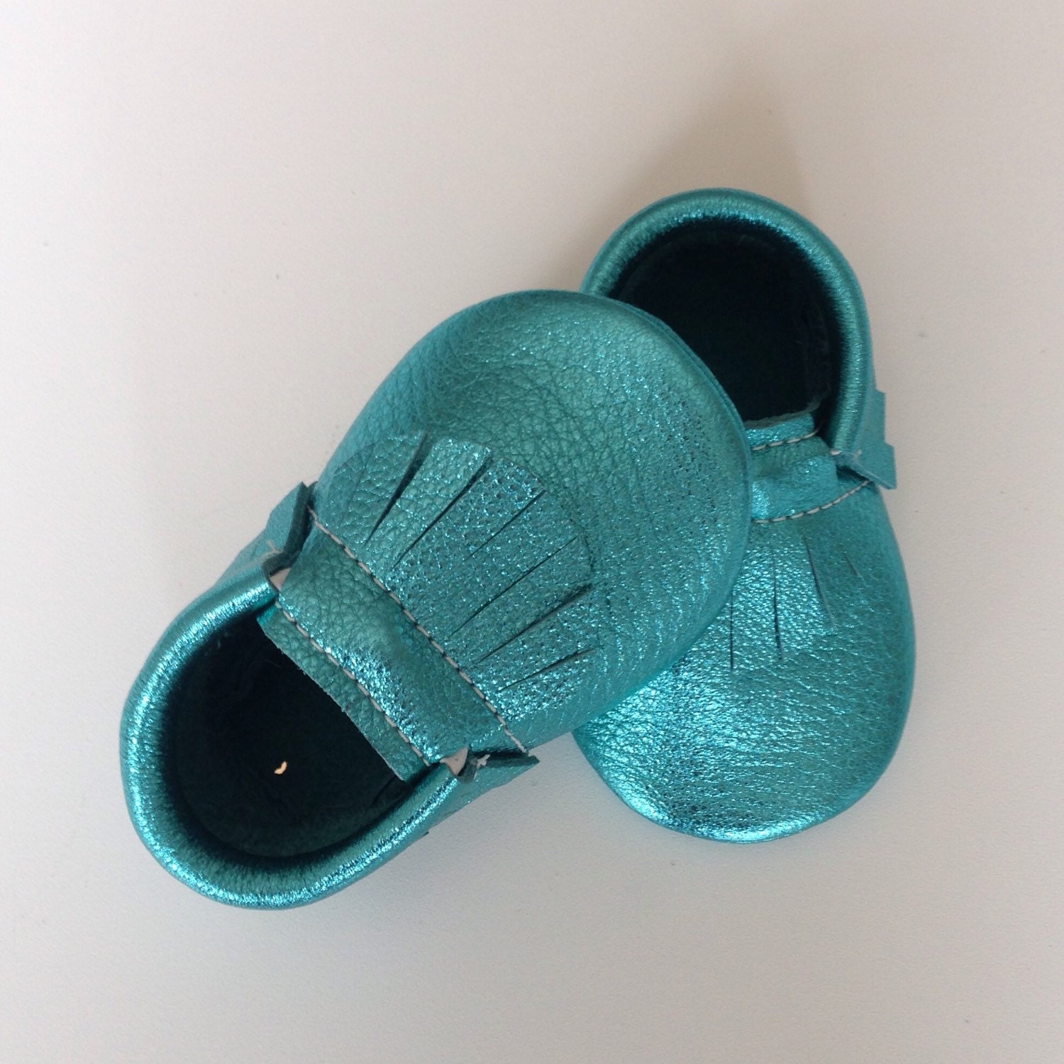 Metallic Teal Leather Baby Moccasins