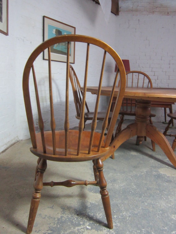 Four Vintage Ethan Allen Farmhouse Country Chairs & Large Pine Table