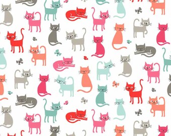 COTTON FABRIC Cats Scatter (on white) - Makower UK 100% premium cotton