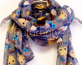 Adorable Grey Owl Spring Scarf / Summer Scarf / Gift For Her / Womens Scarves / Fashion Accessories