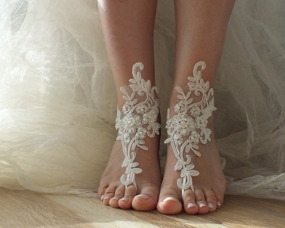 Ivory lace wedding barefoot sandals french lace sandals, wedding ...