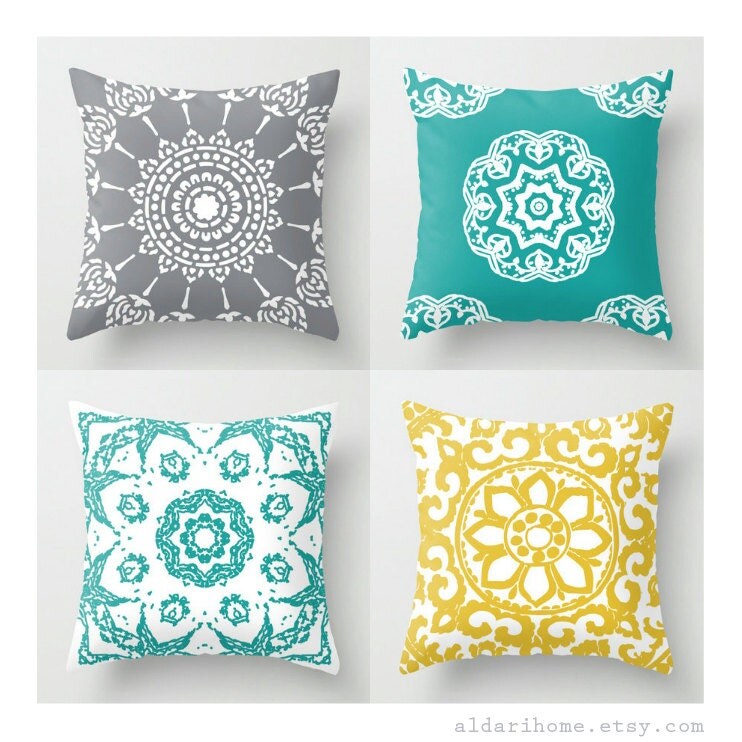 Teal Grey and Yellow Pillows / Set of 4 Pillow by AldariHome