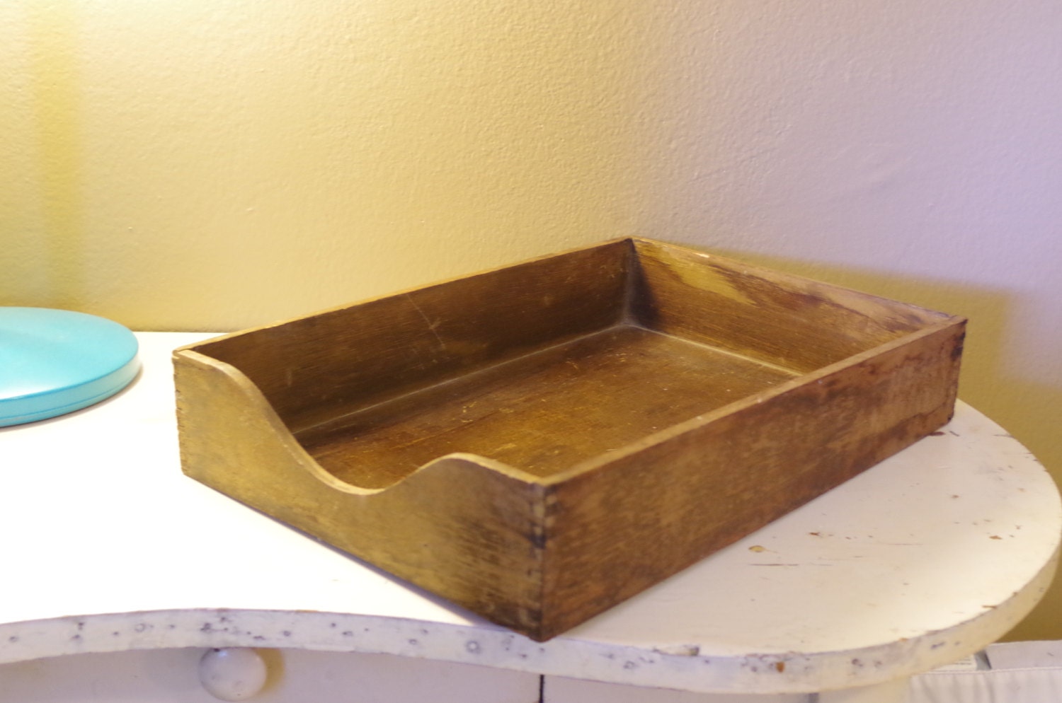 vintage wooden letter tray / vintage paper tray / file basket
