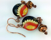 Dangle Drop Sunset Colors Earrings with Copper Dangle Beads Boho Style Rustic Earrings, Orange Yellow Brown White