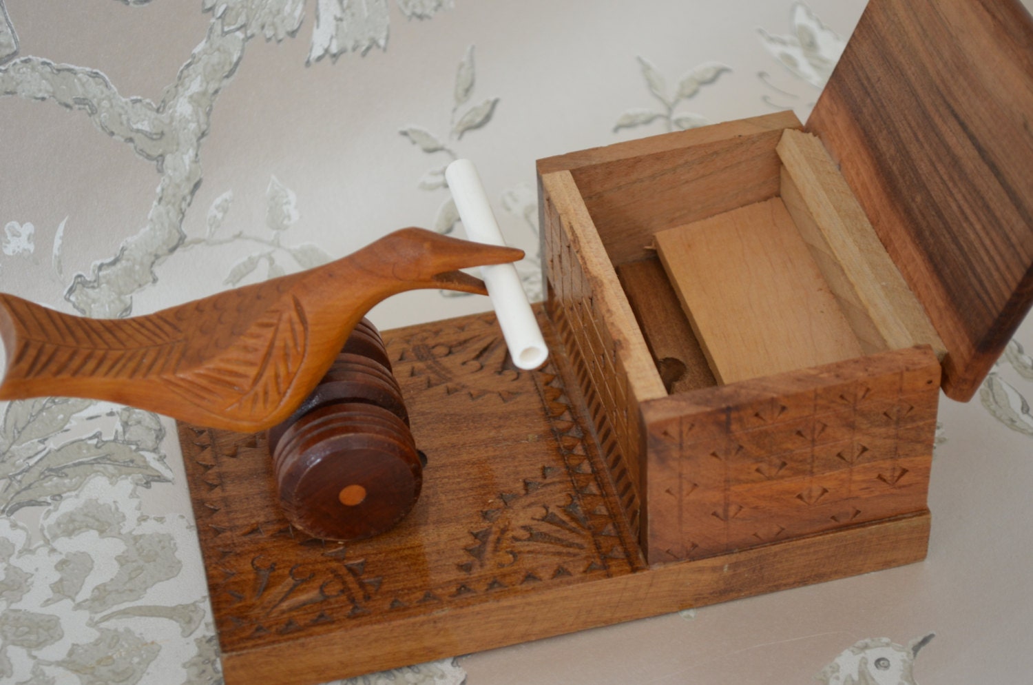 Vintage Cigarette Dispenser Wooden Bird Tobacco Storage Box