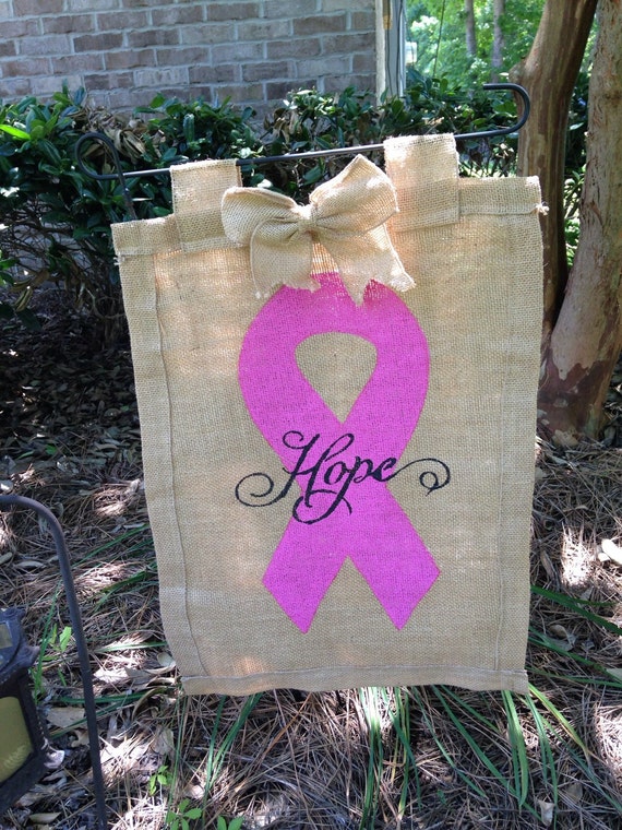 Burlap Breast cancer garden flag by WREATHSBYCHRISTEE on Etsy