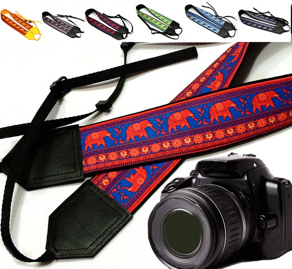 Lucky Elephant camera strap. Ethnic camera strap. DSLR / SLR Padded Camera Strap. Camera strap for Nikon, Canon, Sony, Fuji & other cameras.