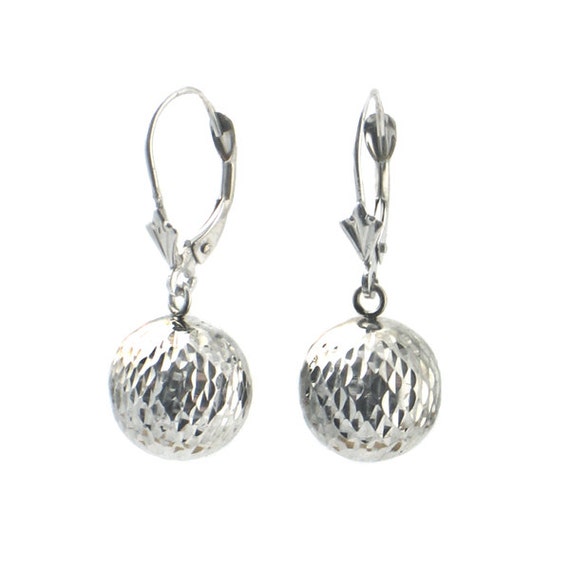 14K White Gold Earrings Bright Cut Ball Drop Earrings in 14K