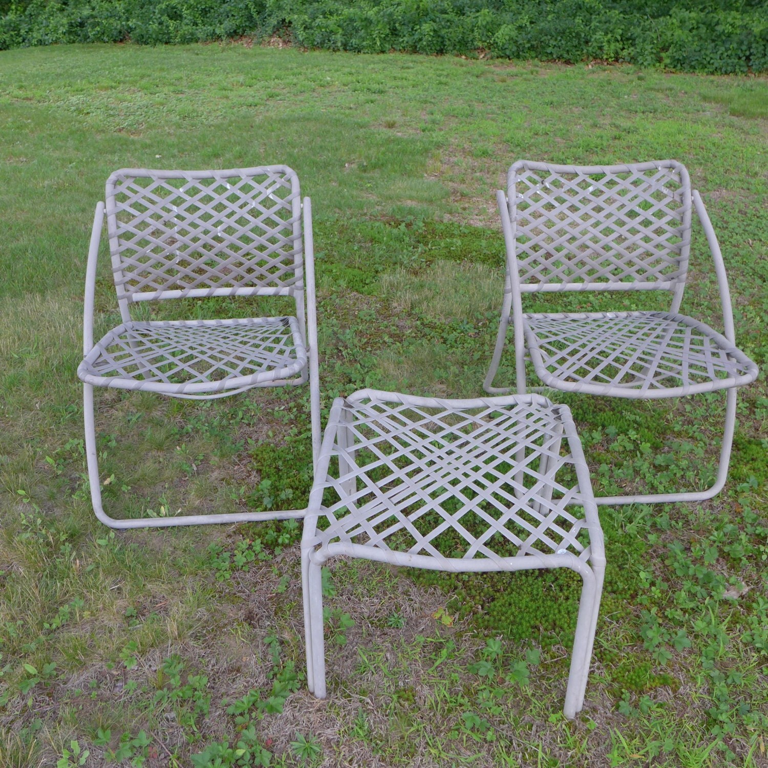 Three Pieces Set Vintage Brown Jordan , Ottoman and 2 Folding Chairs