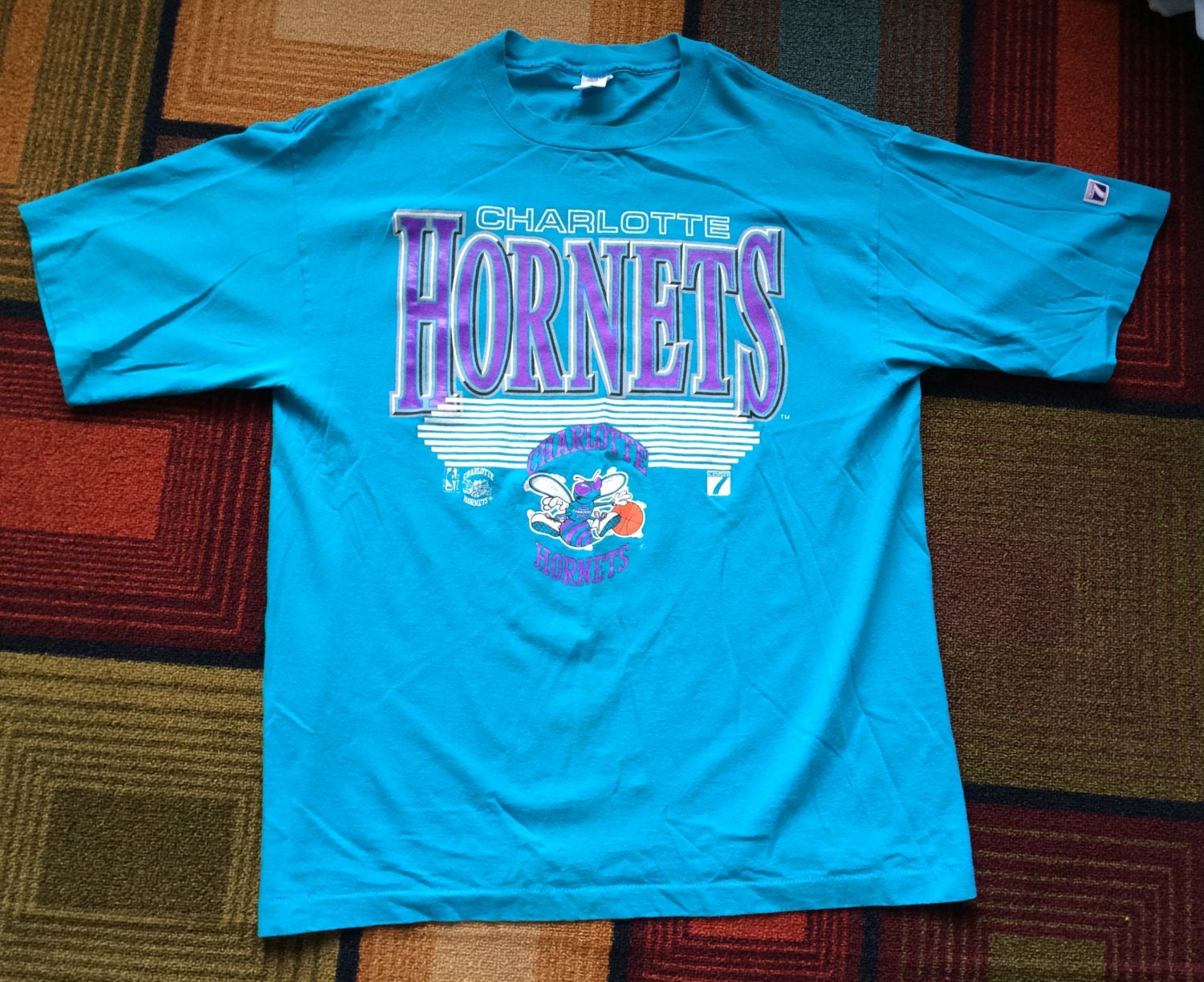 Mens Vintage 90s Charlotte Hornets T Shirt XL Logo 7 Teal NBA