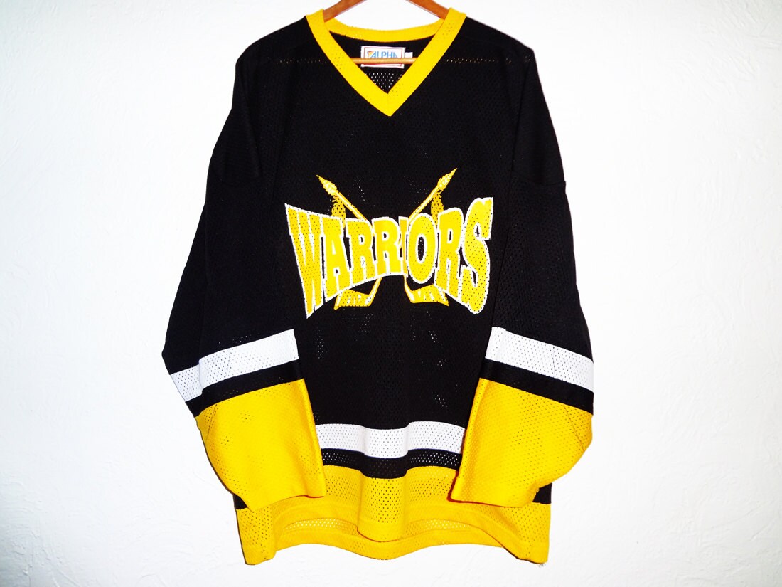 Vintage 90s Warriors Hockey Jersey Black and Gold Large
