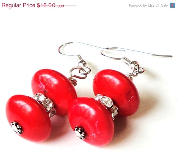 CIJ SALE Red Silver Earrings Red Gemstone Rondelle by BijiJewelry