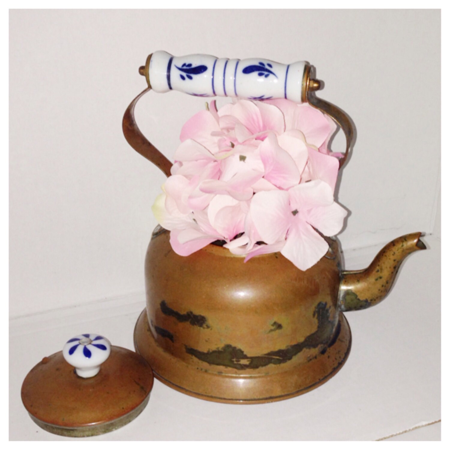 Vintage Copper Teapot with a White and by EnchantedDecorations