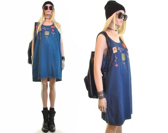 Wildflower Patch Grunge Dress Vintage 90s Denim Blue Jean Mini Wildflower Patch Grunge Dress Vintage 90s Denim Blue Jean Mini