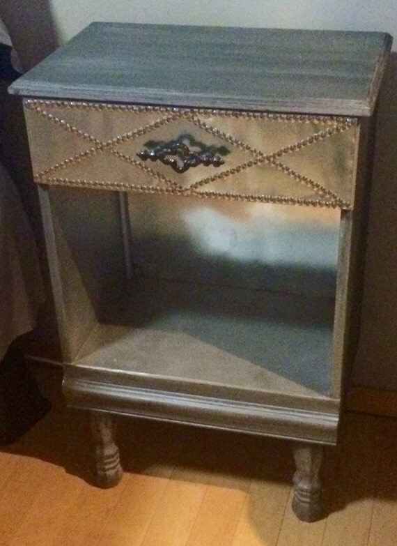 Mirrored vintage nightstand, metal, silver and gray refinishing
