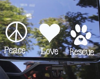Peace Love Rescue vinyl decal for car. Show your support of rescue animals. Peace love and rescue decal with peace sign heart and paw.