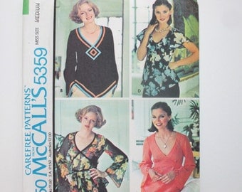 McCall's 5359 ~ Hippie Boho Peasant Blouses with Bell Sleeves, Deep V-Necks and Triangle Hems Size MED 14-16 UNCUT 1976 Sewing Pattern