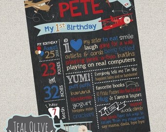 Vintage Airplane Theme Birthday Chalkboard Sign - First Birthday chalkboard - Birthday Sign - planes, airplanes - Digital Print