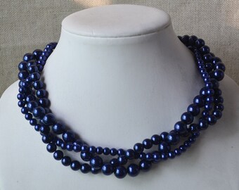 navy blue necklace,3-rows pearl necklaces,wedding necklace,bridesmaids necklace,glass pearl necklaces, pearl necklace,necklace,wedding