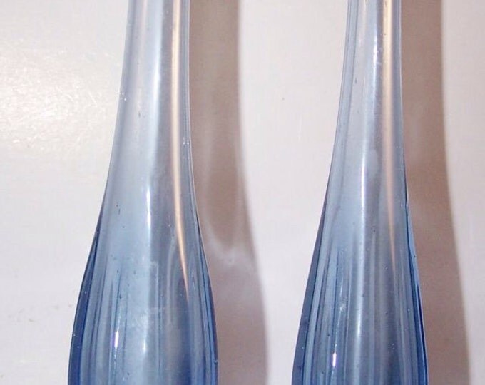 Storewide 25% Off SALE Vintage Slender Art Blown Glass Matching Bud Vase Featuring Beautiful Bubble Base Design And Elongated Stem in Sky Bl