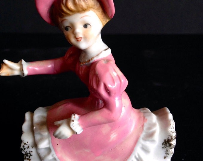 Storewide 25% Off SALE Vintage Porcelain Collectable Woman Seated Figurine Featuring Victorian Style Rose Dress with Matching Tea Party Hat