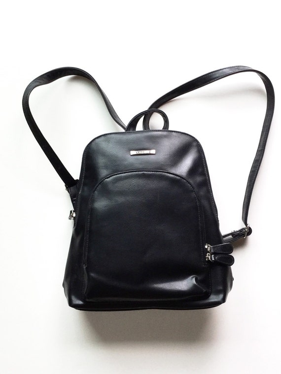 90s Small Backpack Black Faux Leather Mini Bag by theVintageSummer