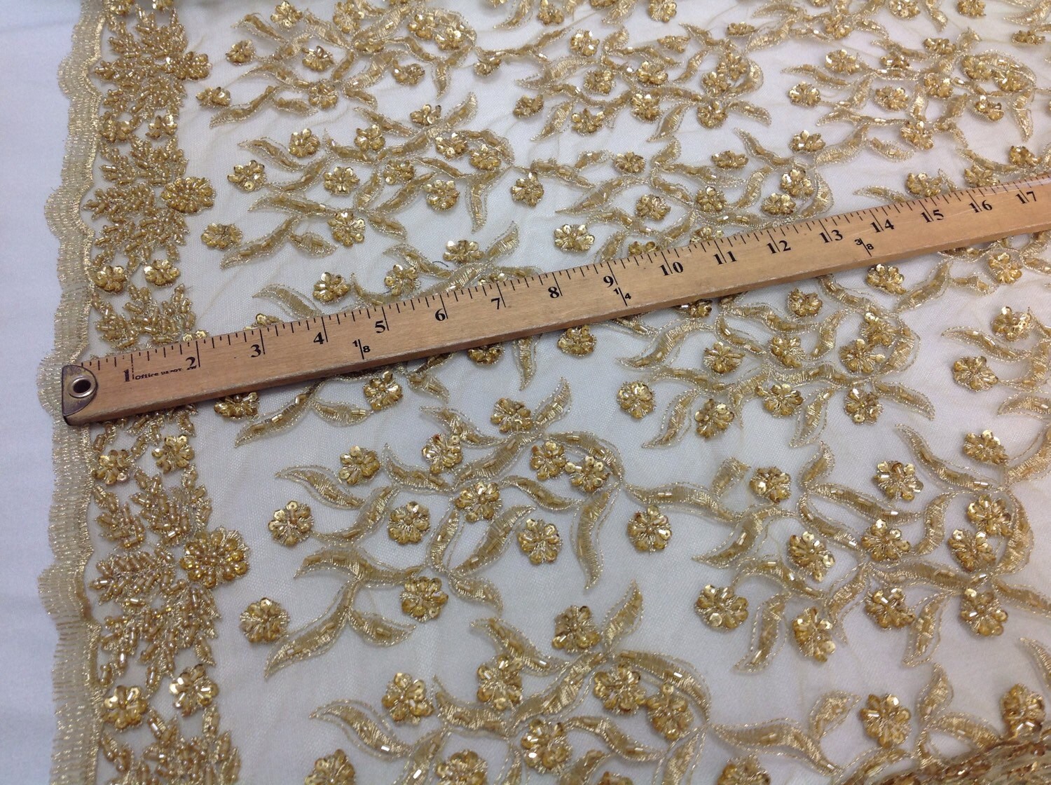 Bridal wedding beaded gold mesh fabric lace. Sold by the yard.