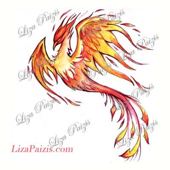 Fire flame Phoenix watercolor tattoo design by Liza Paizis