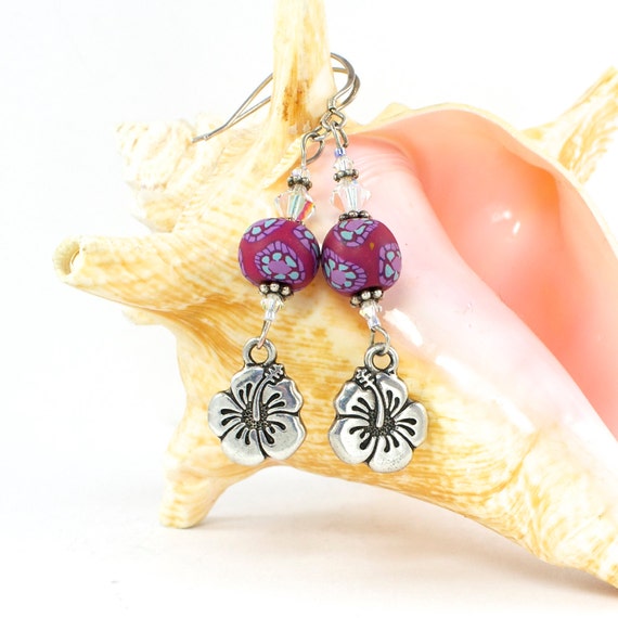 Hibiscus Flower Earrings, Handmade with Sterling Silver, Swarovski Crystals, Hibiscus Charms, Polymer Clay Beads