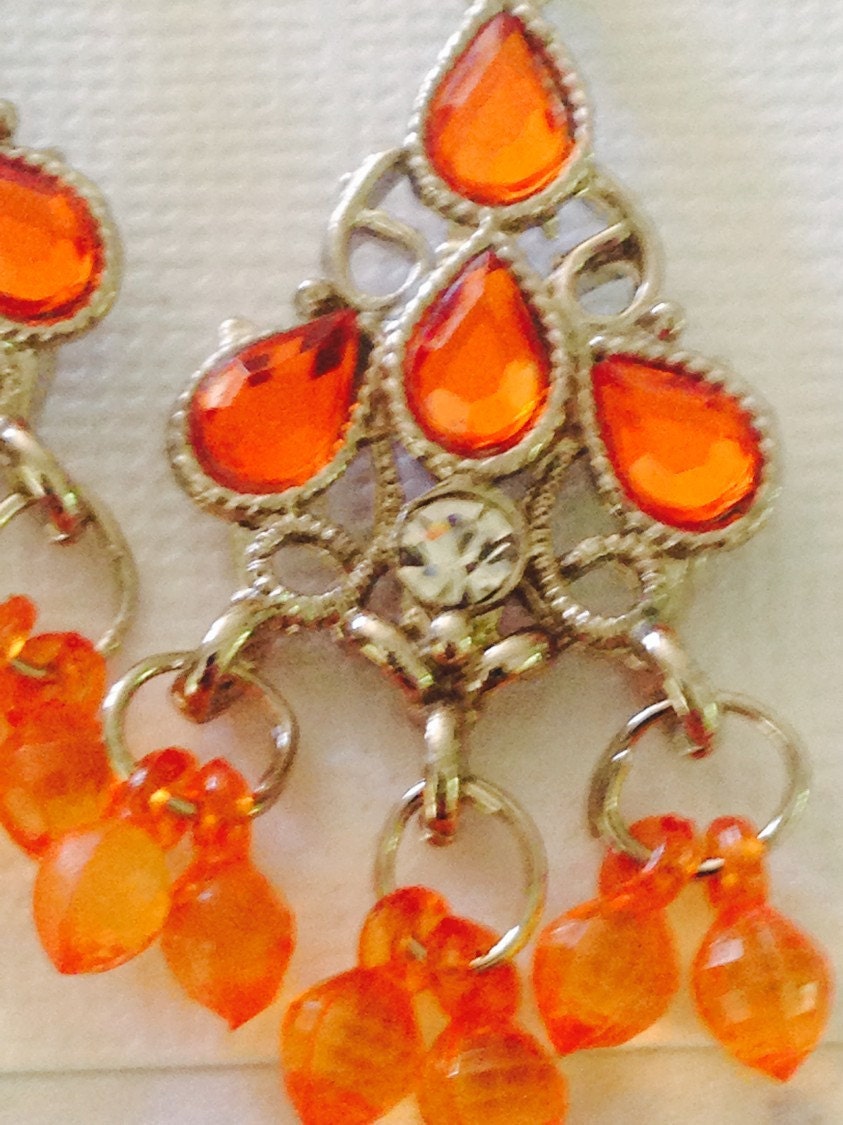 bead earrings. Orange earrings. Orange chandeliers. Orange
