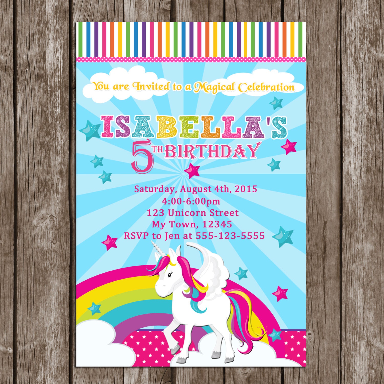 rainbow unicorn birthday invitation party personalized