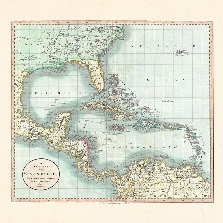 ANTIQUE Map of the WEST INDIES Antique Wall by EncorePrintSociety